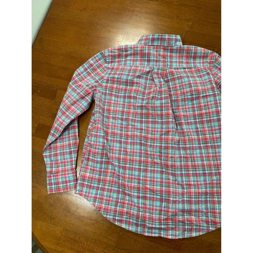Ralph Lauren Button Down Shirt Boys M 10-12 Red Blue Plaid Natural Stretch